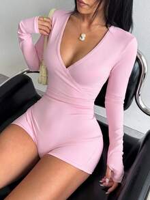 SHEIN Dewbera 女款純色深V領長袖運動連身褲 - 粉色 - 查看 4