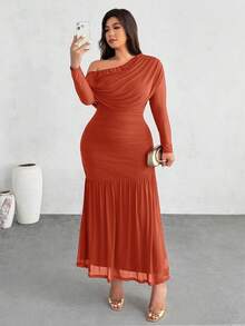 Firerie Plus Size Women Solid Color Asymmetrical Neck Ruched Fishtail Hem Elegant Dress Fall - Orange - View 5