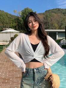 DAZY 女款純色扭結抓皺休閒日常罩衫上衣 夏季海灘穿搭 - 白色 - 查看 3