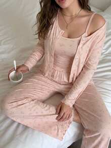 Dazy Plus 3-Piece Set Cardigan Long Sleeve Outerwear Slim Fit Camisole Straight Leg Long Pajama Pants Spring Autumn Sleepwear Outfit - Pink - View 7
