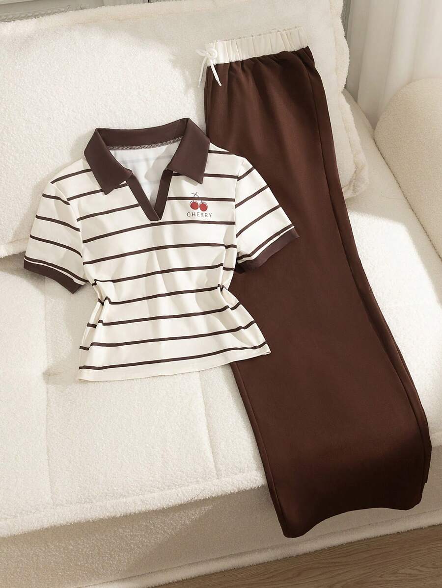 SHEIN 2pcs/Set Teen Short Sleeve & Long Pants Outfit, Pink Bow Ribbon, Suitable For Spring/Summer, Sports & Commute - Multicolor - View 1