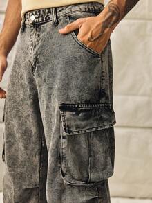 Norleigh Loose Fit Men's Flap Pocket & Side Panel Cargo Jeans (Without Belt) - Grey - View 5