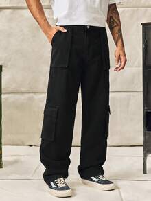 Norleigh 男式休闲翻盖口袋侧边工装牛仔裤 - 黑色 - 查看 1