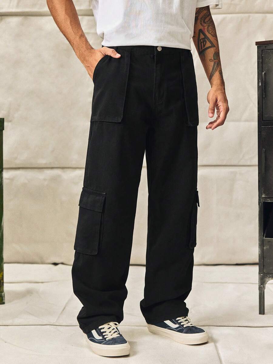 Norleigh 男式休闲翻盖口袋侧边工装牛仔裤 - 黑色 - 查看 1