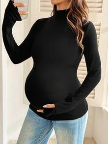 SHEIN Maternity Solid Color Minimalist Versatile Long Sleeve T-Shirt For Daily Wear - Black - View 6