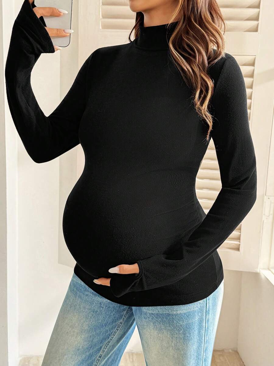 SHEIN Maternity Solid Color Minimalist Versatile Long Sleeve T-Shirt For Daily Wear Fall - Black - View 1