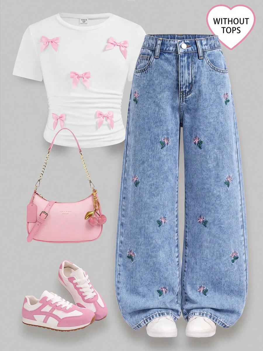 SHEIN Girlism 女童藍色丹寧寬鬆長褲,花卉刺繡圖案 - 藍色 - 查看 1
