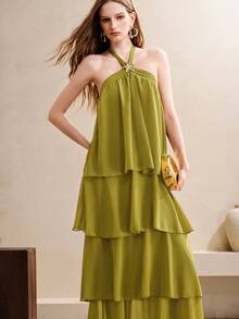 Arave Women's Dress A-Line Tiered Chiffon Halter Neck Metal Buckle Layered Elegant Party Olive Green Solid Elegant Dresses For Party Wedding Party - Green - View 7