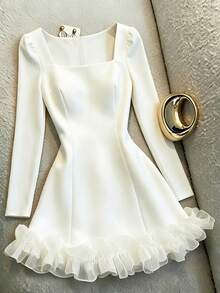 GlowEve Damenkleid mit quadratischem Ausschnitt, langen Ärmeln und Rüschensaum, elegant, romantisch, lässig, für Party, Tag, Herbst, Hochzeit, Off-White - Weiss - Übersicht 6