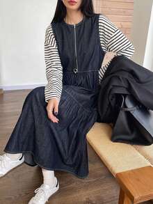 DAZY فستان جينز نسائي بأسلوب كوري مع سحاب ونصف فتحة خريفية - أزرق داكن - مشاهدة 6