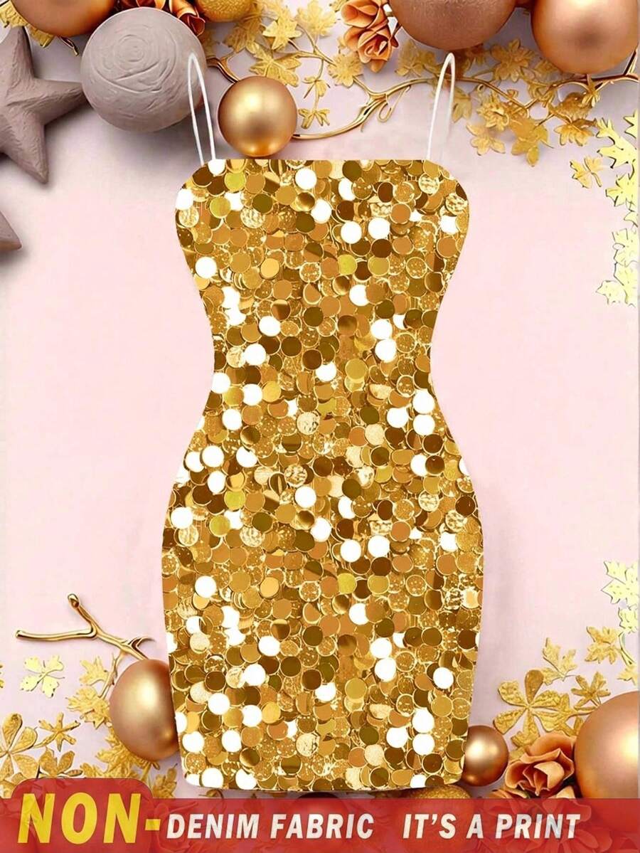 SHEIN EZwear 休闲简约亮片装饰女式夏季细肩带金色连衣裙 - 白色 - 查看 1