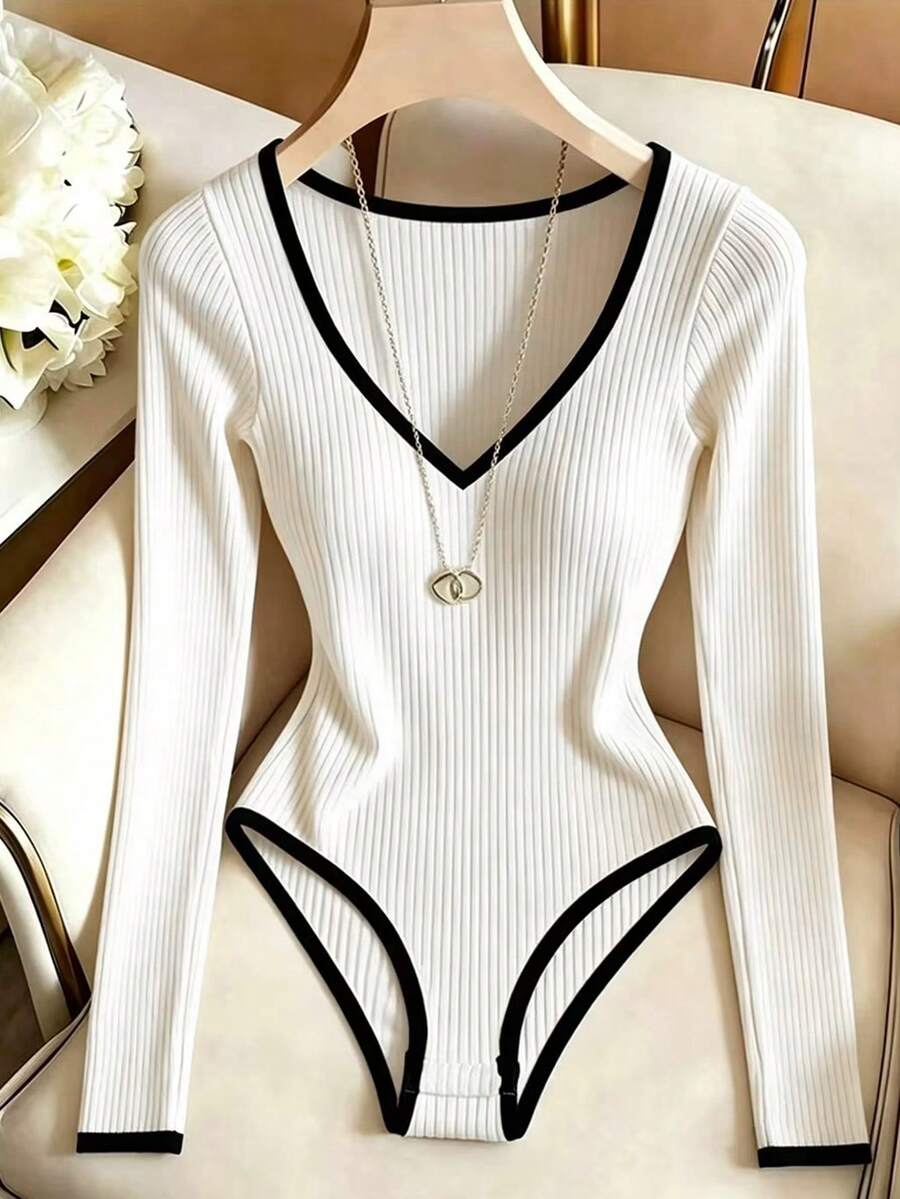 Franclia Women's Colorblock Trim Long Sleeve Bodysuit - Apricot - View 1