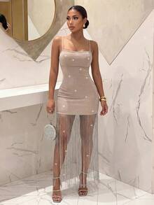 Slaydiva Khaki Black Dress With Shimmering Silver Thread Fabric, Spaghetti Straps, Fitted Silhouette, Fringed Hem - Glamorous Party/Nightclub Gown, Women's Long Dress-A - Khaki - View 8