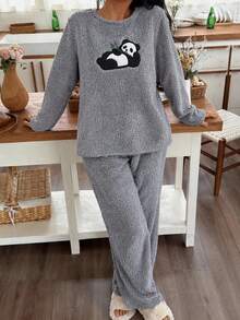 SHEIN Grey Fuzzy Plush Cute Panda Applique Embroidery Cozy Winter Homewear Pajama Set - Grey - View 2