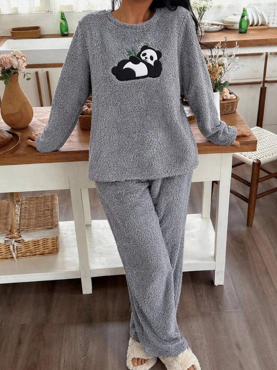 SHEIN Grey Fuzzy Plush Cute Panda Applique Embroidery Cozy Winter Homewear Pajama Set