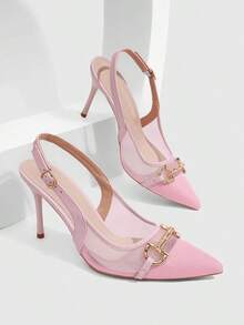 CUCCOO SZL Women Shoes Multi-Color Mesh Stitching Metal Buckle Pointed Heel Back Tripple Sandals Light And Sweet Style Spring And Summer Models Suitable For Work Fall Shoes - Baby Pink - View 3