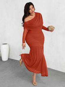 Firerie Plus Size Women Solid Color Asymmetrical Neck Ruched Fishtail Hem Elegant Dress Fall - Orange - View 2