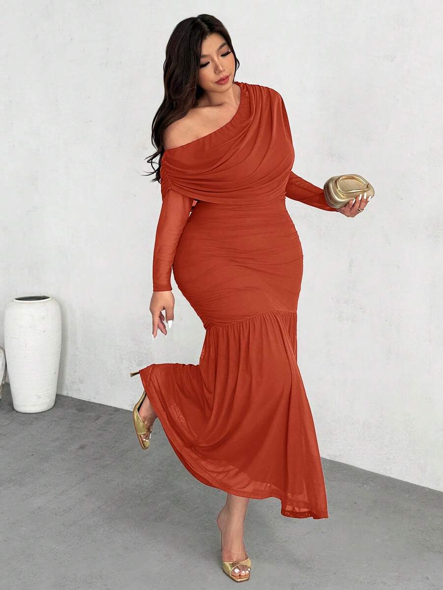 Firerie Plus Size Women Solid Color Asymmetrical Neck Ruched Fishtail Hem Elegant Dress Fall