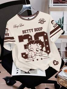 Betty Boop x SHEIN 女款字母印花圓領短袖休閒T恤 - 白色 - 查看 7