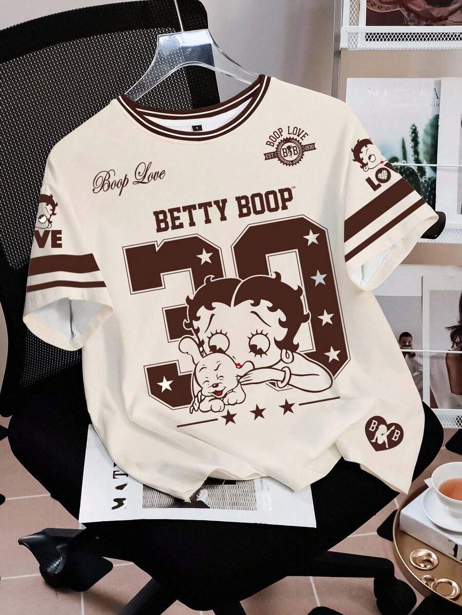 Betty Boop x SHEIN Women's Letter Print Round Neck Short Sleeve Casual T-Shirt - White - View 1