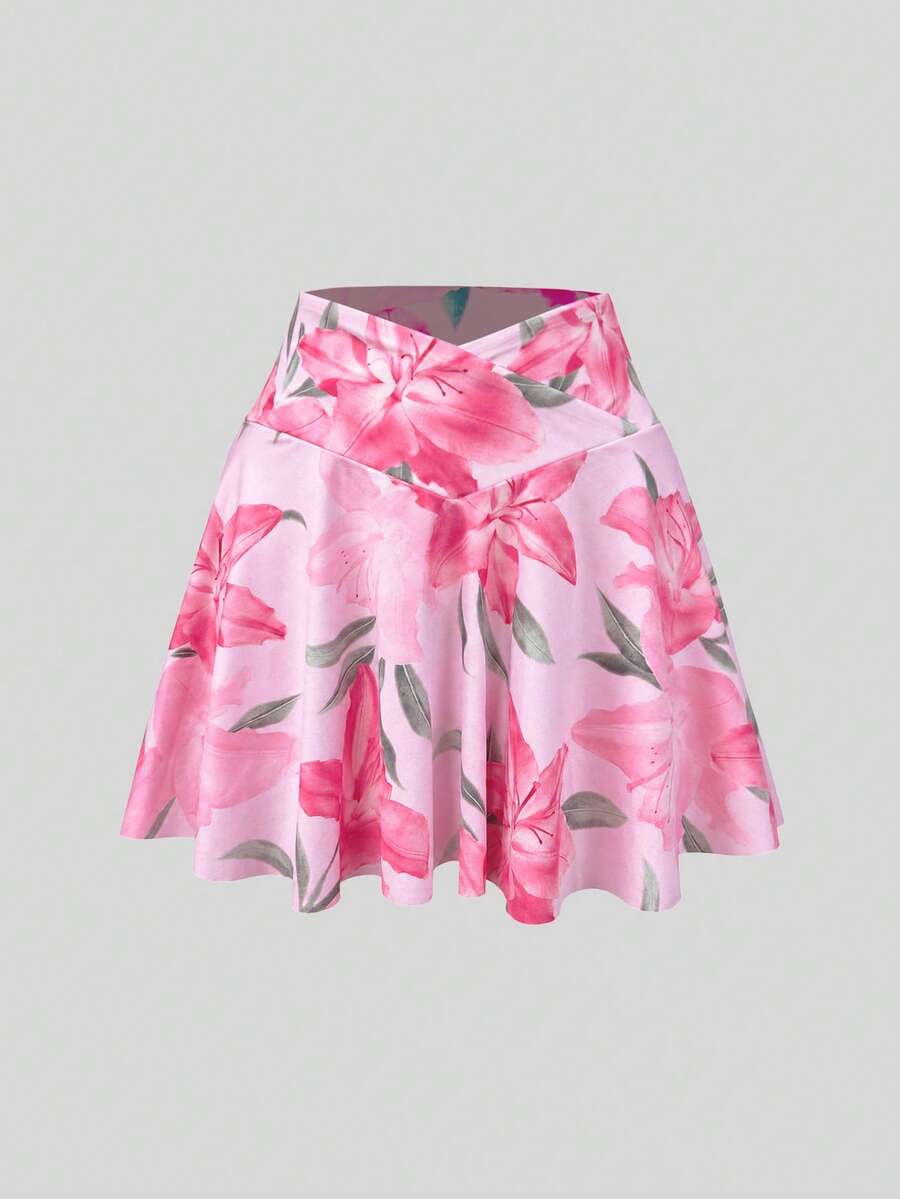 SHEIN Sweetro Floral Print Criss-Cross Waist Sports Skort - Multicolor - View 1