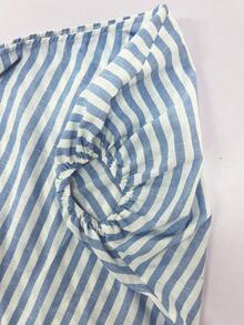 Linhara CURVE Kemeja Wanita Ukuran Plus, Modis, Kasual, Longgar, Bergaris, Bahu Asimetris, Lengan Sedang, Cocok untuk Bepergian, Jalan-jalan, dan Pakaian Sehari-hari - Blue and White - View 5