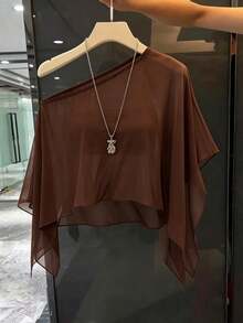 Lacomfia Plus Size Women Solid Color Asymmetrical Shoulder Casual Daily Wear Blouse - Brown - View 1