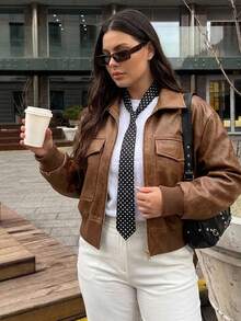 Dazy Plus Jaket Kasual Blogger Model Longgar Warna Cokelat untuk Musim Semi/Gugur, Jaket Luar Biasa - Mocha Brown - View 8