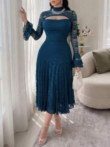 Feyla Plus Size Women's Elegant Lace Dress With Stand Collar, Flared Sleeves And Cutout Design - Teal Blue - View 3