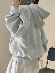 INAWLY Plus Size Women's Solid Color Drop Shoulder Long Sleeve Zipper Front Drawstring Hooded Sweatshirt - Light Grey - View 2
