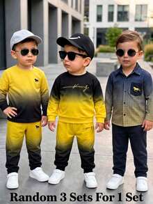 A Casual, Simple Letter-Print Crew Neck Gradient Sweatshirt And Matching Trousers For Baby Boys, Perfect For Spring And Summer. - Multicolor - View 1
