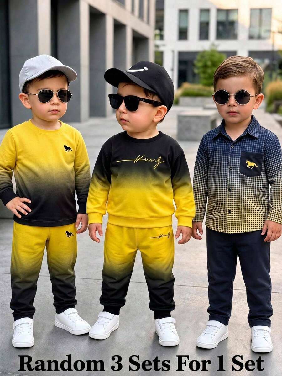 A Casual, Simple Letter-Print Crew Neck Gradient Sweatshirt And Matching Trousers For Baby Boys, Perfect For Spring And Summer. - Multicolor - View 1