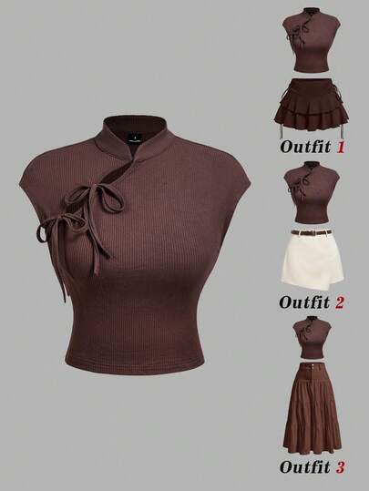 SHEIN MOD Brown Stand Collar Bow Slim Fit Cropped T-Shirt