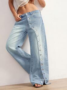 Bohemela Celana Jeans Denim Kasual Wanita dengan Kancing Depan - Light Wash - View 5