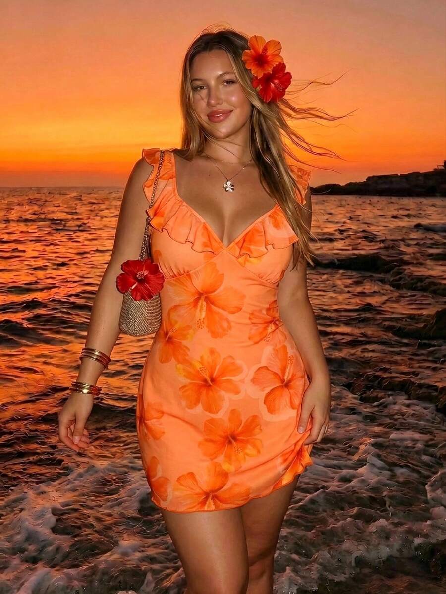 SHEIN ICON 大尺碼女款花卉印花休閒度假旅行洋裝 - 彩色 - 查看 1