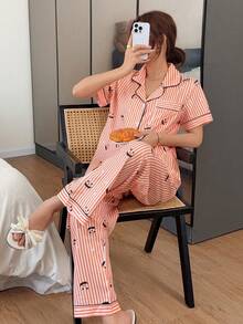Napfluff Halloween Funny Pumpkin Print Striped Loungewear Set, Comfortable Lapel Short Sleeve 2 Pieces Set - Coral Orange - View 6