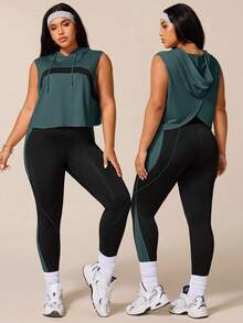 SHEIN Rhythm Era 女款運動瑜伽戶外健身運動套裝 抽繩連帽無袖寬鬆運動衫，胸前弧形拼色設計，搭配線條拼色對比緊身褲 - 彩色 - 查看 2