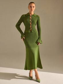 CLARA VERO Khaki Button Front Fluted Sleeve Knit Midi Set, Fitted, Ideal For Modern - Khaki - View 8