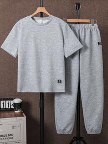 SHEIN 青少年男孩 2件組休閒基礎款灰色紋理布料短袖T恤與長褲，適合返校與外出穿著 - 灰色 - 查看 4
