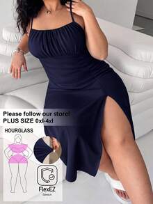 SHEIN EZwear 海軍藍休閒大尺碼女款側開衩下擺細肩帶洋裝 - 藏蓝色 - 查看 1