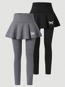 SHEIN 青少年女孩緊身褲，休閒優雅 2 合 1 蝴蝶結圖案裙褲，適合春、秋、夏季穿著，完美搭配外出造型 - 黑色 - 查看 1