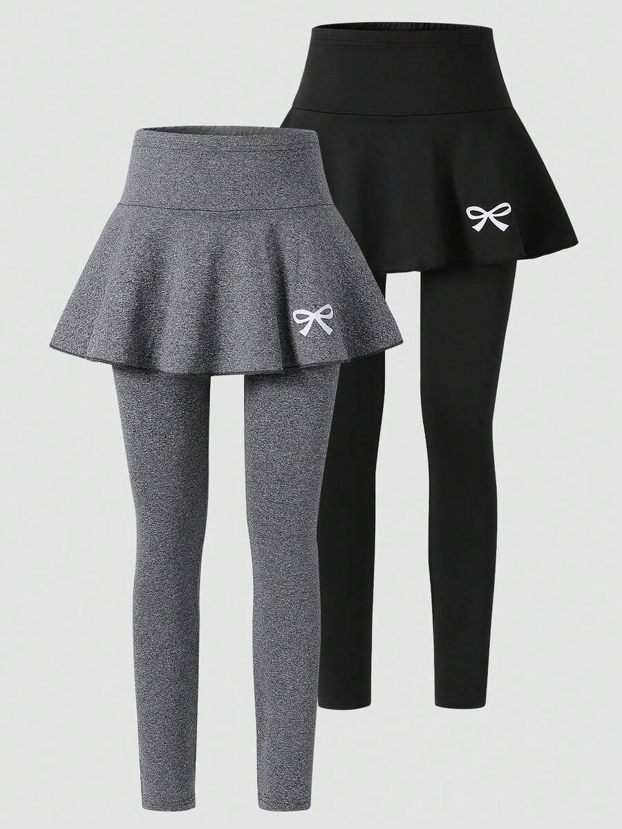 SHEIN 青少年女孩緊身褲,休閒優雅 2 合 1 蝴蝶結圖案裙褲,適合春、秋、夏季穿著,完美搭配外出造型 - 黑色 - 查看 1