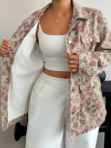 Dazy Plus Floral All-Over Print Lapel Pocket Punk Loose Street Casual Long Sleeve Denim Jacket Fall - Pink - View 8