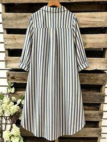 SHEIN LUNE Gaun Wanita Lengan Panjang Kasual Longgar Bergaris Leher V Baru - Biru - View 2