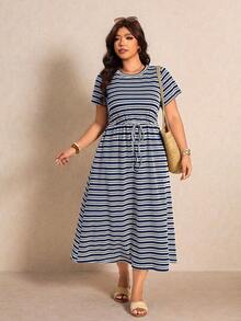 Elaquor Plus Size Vacation Casual Navy Blue Dress Vacation Summer - Navy Blue - View 4