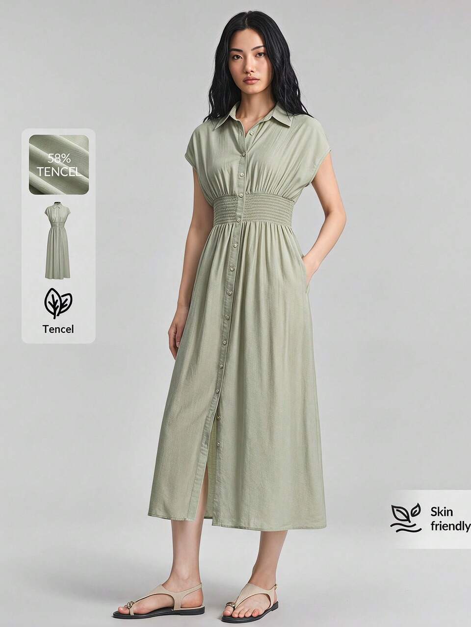 2026 New Summer Women's Long Dress, Cinched Waist, Loose A-Line Silhouette, Solid Army Green, Batwing Sleeves, Woven Fabric, Lapel Collar, Button Front, Casual Commuter, Urban Modern, Minimalist Elegant, Tea Party, Independence Day, Old Money Style, Teacher Outfit, Office Wear, Holiday Dress, Vacation, Date, Outing, Fashion Versatile Long Dress