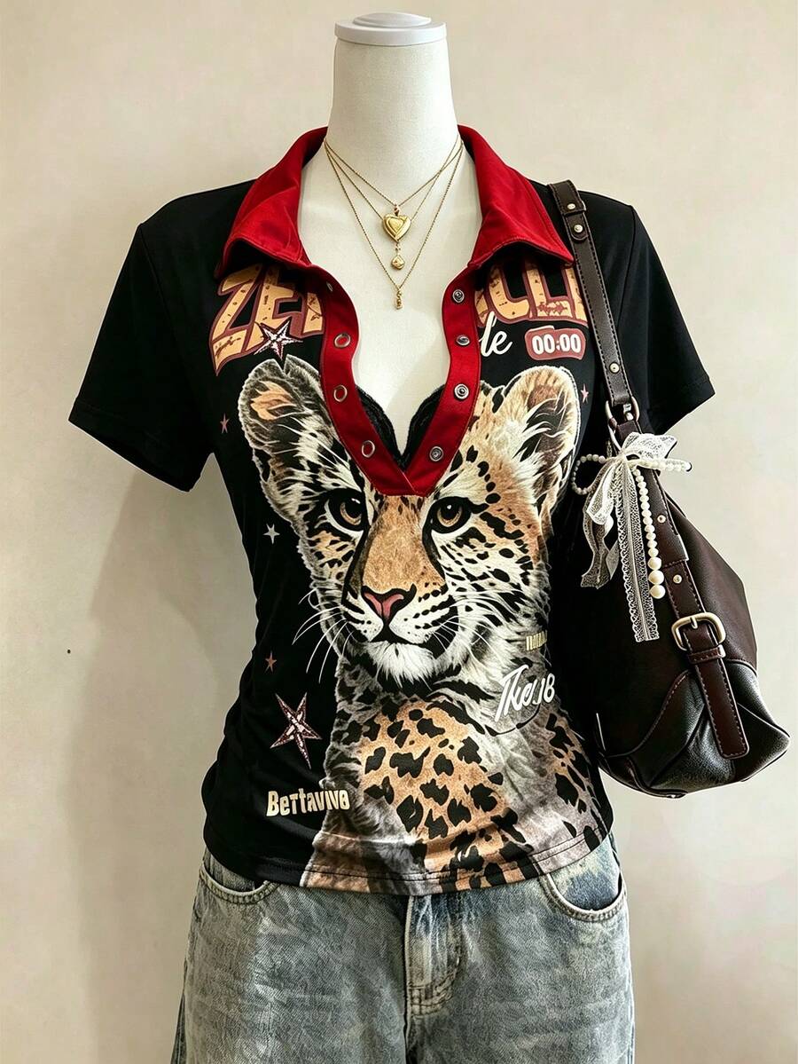 Lalippa 女款性感動物印花鈕扣短袖T恤 - 黑色 - 查看 1