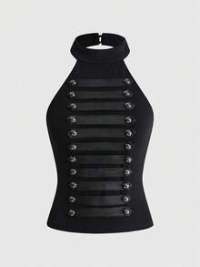 ROMWE Grunge Punk Y2K Punk Street Style Napoleon Knight Button PU Patchwork Halter Neck Fitted Tank Top - Black - View 1