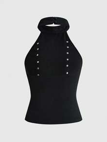 ROMWE Grunge Punk Y2K Punk Street Style Napoleon Knight Button PU Patchwork Halter Neck Fitted Tank Top - Black - View 2