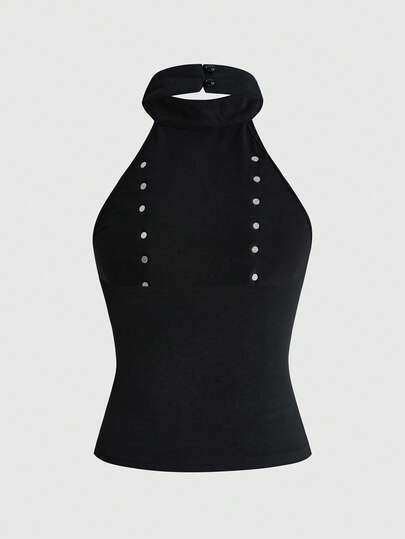 ROMWE Grunge Punk Y2K Punk Street Style Napoleon Knight Button PU Patchwork Halter Neck Fitted Tank Top